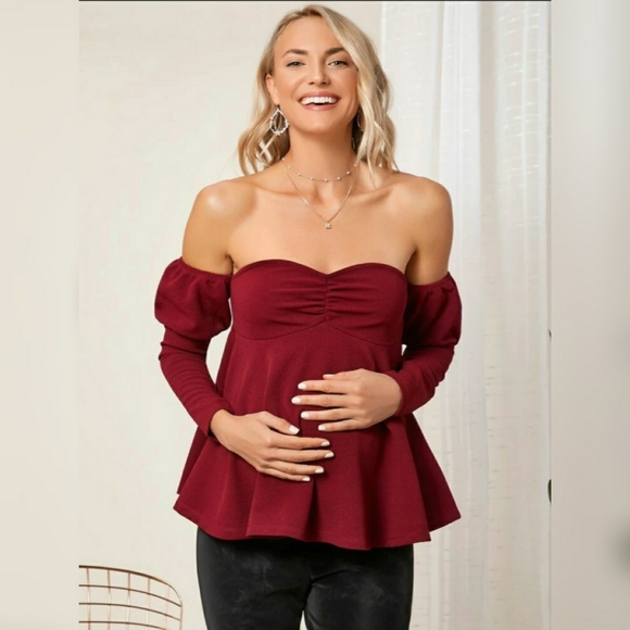 Moon Goddess Boutique Tops - Maternity Off Shoulder Ruched Front Peplum Top XL